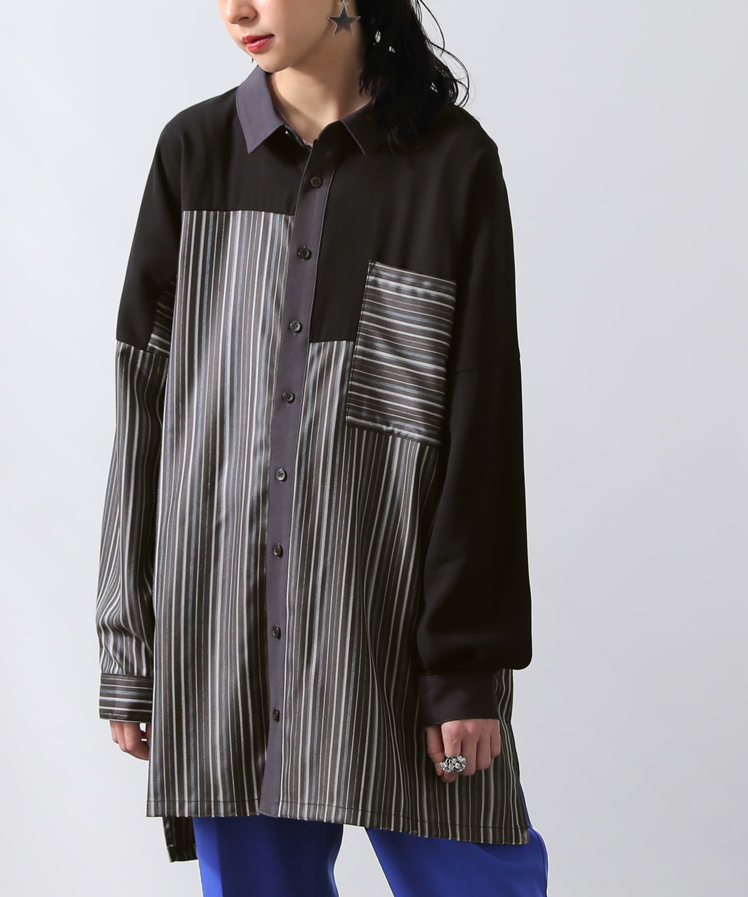 『kOhAKUストライプ柄切替ロングシャツ』 1(M～L) ブラック オシャレウォーカー osharewalker