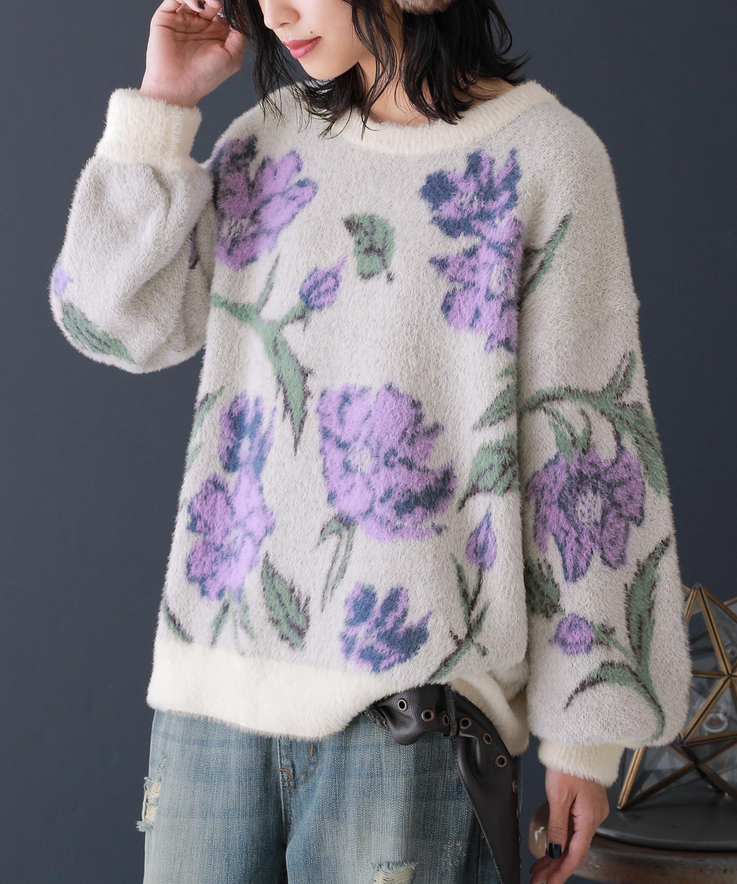 『somari imaginationジャカード花柄シャギーニット』 【SALE】 1(M～L) アイボリー オシャレウォーカー osharewalker